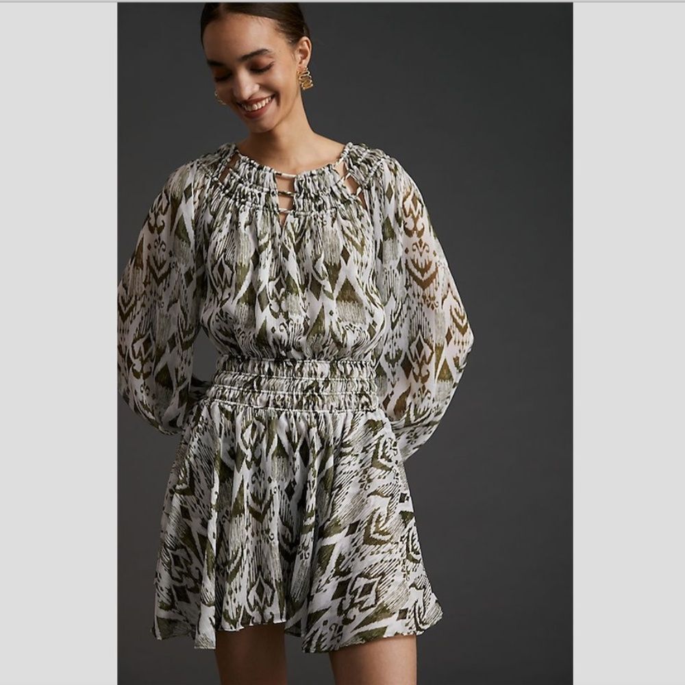 Misa Los Angeles Mercy Mini Dress Sz XS Olive Green Ikat $390 NWT Fairy